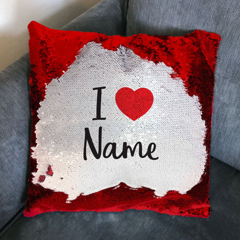 I Love Heart (Any Name) Personalised Square Sequin Cushion Cover