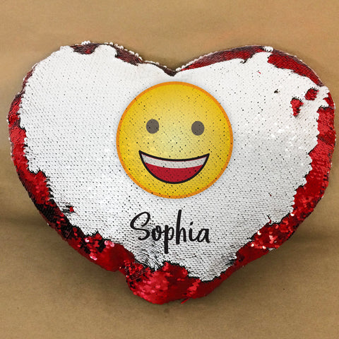 Emoji and Any Name Personalised Love Heart Shaped Sequin Cushion Cover