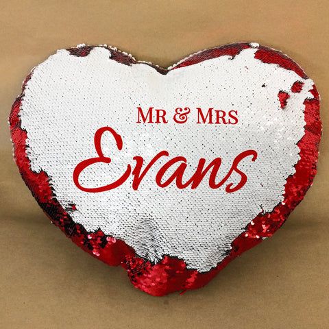 Mr & Mrs Any Name Personalised Love Heart Shaped Sequin Cushion Cover