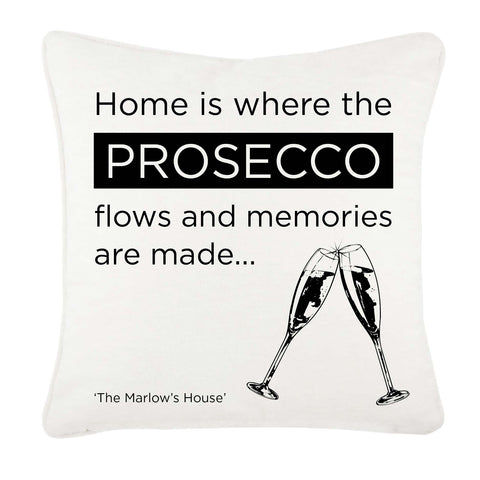 Home is where the Prosecco Flows and Memories are Made personalised canvas cushion cover