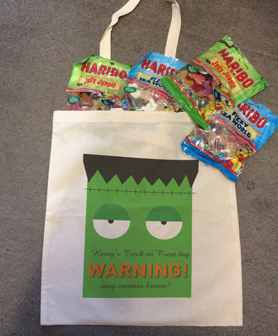 Frankenstein Themed Halloween Warning May Eat Brains Canvas Trick or Treat Bag