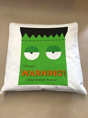 Frankenstein Themed Halloween Warning May Eat Brains Personalised Canvas Cushion