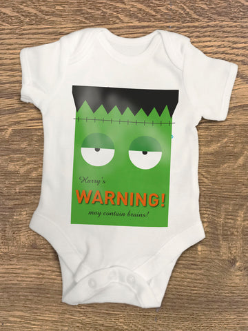 Frankenstein Themed Halloween Warning May Eat Brains Personalised Baby Vest