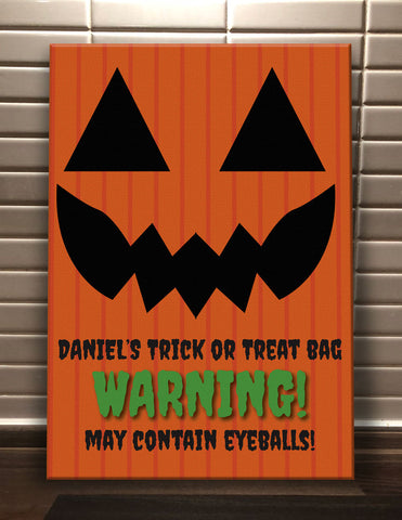 Pumpkin Themed Halloween Warning May Contain Eyeballs Personalised Canvas Print