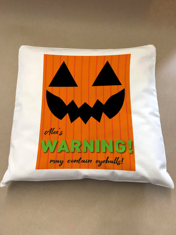 Pumpkin Themed Halloween Warning May Contain Eyeballs Personalised Canvas Cushion Cover