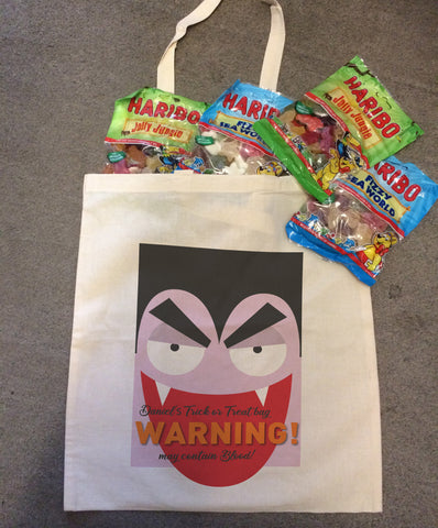 Dracula Themed Halloween Warning May Contain Treats Personalised Canvas Bag for Life