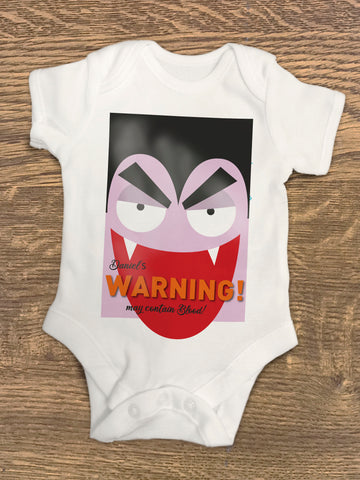 Dracula Themed Halloween Warning May Contain Treats Personalised Baby Vest