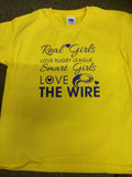 WW14 - Real Girls Love Rugby League, Smart Girls Love The Wire T-Shirt, example Warrington Wolves