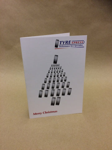 Christmas Cards for Business with Tree made from tyres with Company name & logo