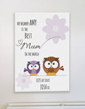 Personalised Best Mum in The World Mother & Child Owl and Flower Canvas Print
