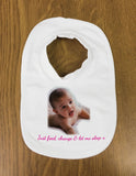 Personalised Your Photo and Your Message Baby Bib, completely unique gift for baby