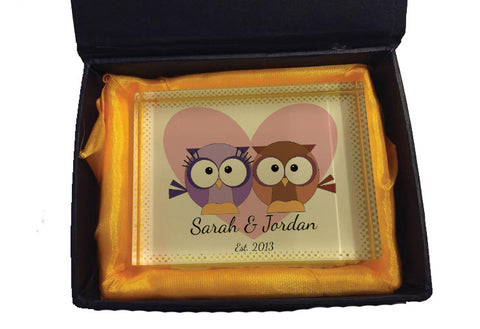 VA13 - Loving Owl Hearts Glass Crystal Block with Presentation Gift Box