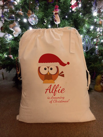 Personalised Cute Owl and Name Is Dreaming Of Christmas Canvas Santa Sack