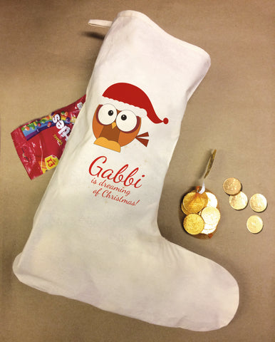 Personalised Cute Owl and Name Is Dreaming Of Christmas Hanging Santa Stocking