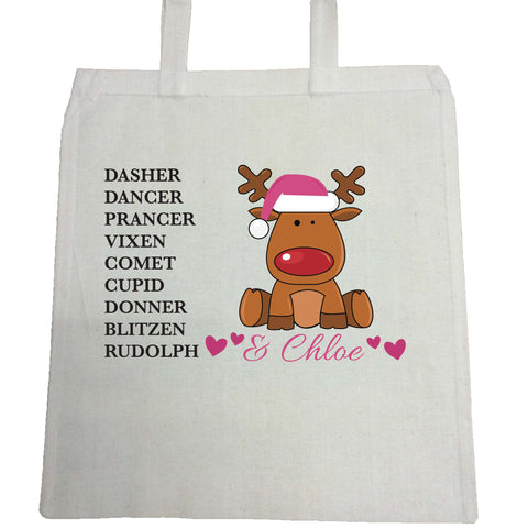 PC08 - Personalised Christmas Santa's Reindeers with Rudolph & Girl's Name Canvas Bag for Life