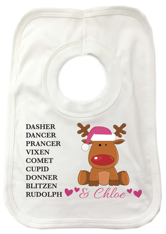 PC08 - Personalised Christmas Santa's Reindeers with Rudolph & Girl's Name White Christmas Baby Bib