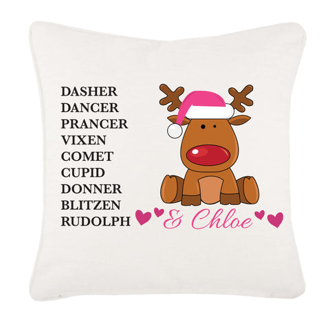 Personalised Christmas Santa's Reindeers with Rudolph & Girl's Name Canvas Cushion Cover