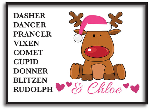 PC08 - Personalised Christmas Santa's Reindeers with Rudolph & Girl's Name Print