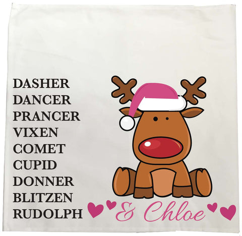 PC08 - Personalised Christmas Santa's Reindeers with Rudolph & Girl's Name White Tea Towel