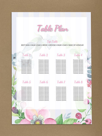 SM02 - Personalised Wedding Pink & Purple Flower Design Table Plan