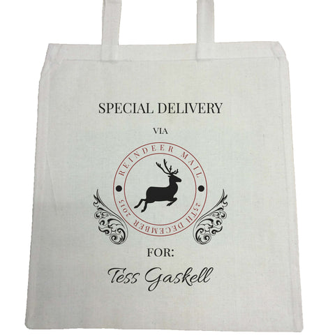 SS01 - Special Delivery Via Reindeer Name Personalised Christmas Canvas Bag for Life