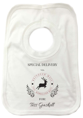 SS01 - Special Delivery Via Reindeer Name Personalised Christmas Baby Bib