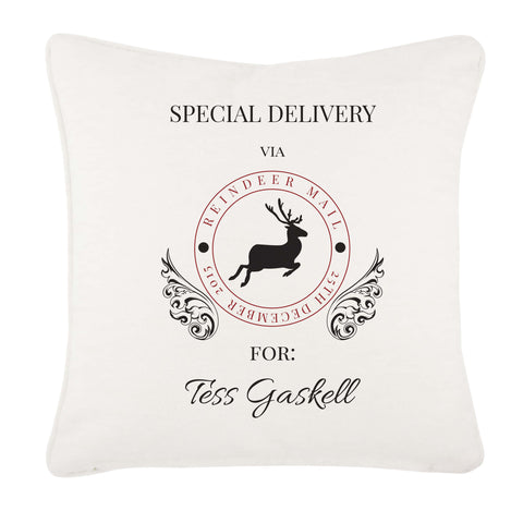 Special Delivery Via Reindeer Name Personalised Christmas Canvas Cushion Cover