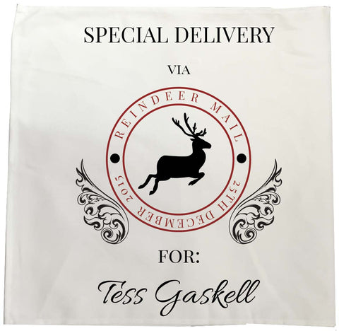 SS01 - Special Delivery Via Reindeer Name Personalised Christmas Tea Towel