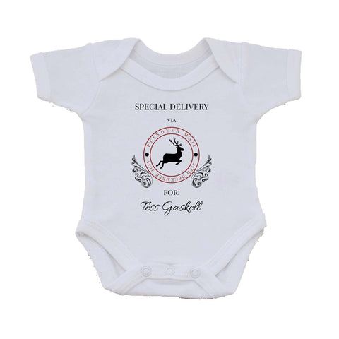 SS01 - Special Delivery Via Reindeer Name Personalised Christmas Baby Vest