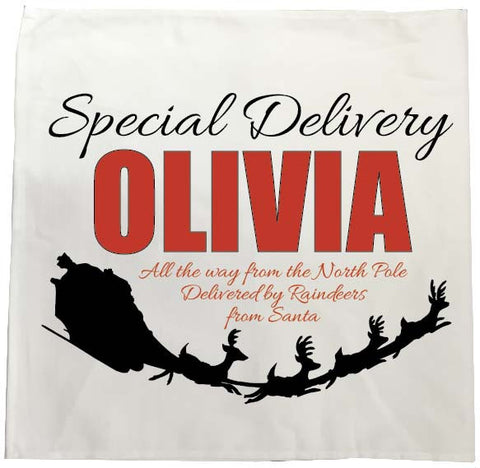 SS02 - Special Delivery Name and Flying Reindeers Personalised Christmas Tea Towel
