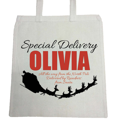 SS02 - Special Delivery Name and Flying Reindeers Personalised Christmas Canvas Bag for Life
