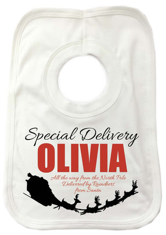SS02 - Special Delivery Name and Flying Reindeers Personalised Christmas Baby Bib