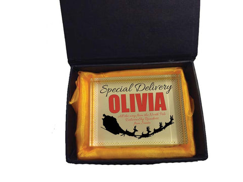 SS02 - Special Delivery Name and Flying Reindeers Personalised Christmas Crystal Block & Gift Box