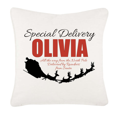 Special Delivery Name and Flying Reindeers Personalised Christmas Canvas Cushion Cover