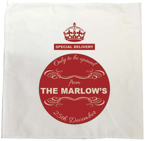 SS04 - Special Delivery Crest Family Name Personalised Christmas Tea Towel