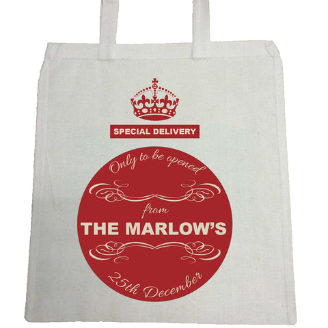 SS04 - Special Delivery Crest Family Name Personalised Christmas Canvas Bag for Life