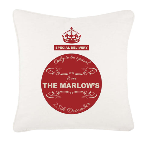 Special Delivery Crest Family Name Personalised Christmas Canvas Cushion Cover