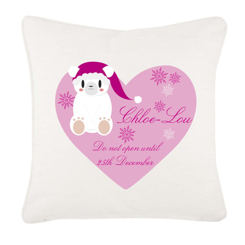 Cute Polar Bear Girls Heart Personalised Christmas Canvas Cushion Cover