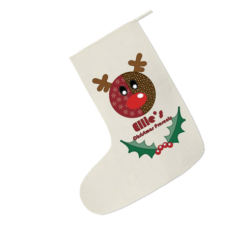 SS06 - Stitched Reindeer Personalised Christmas Canvas Santa Stocking