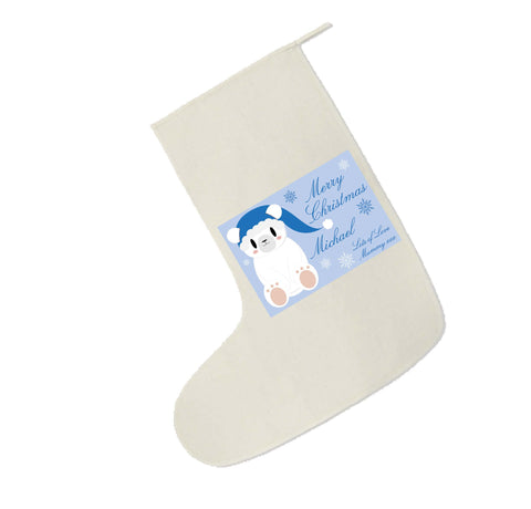 SS07 - Cute Blue Polar Bear Personalised Christmas Canvas Santa Stocking