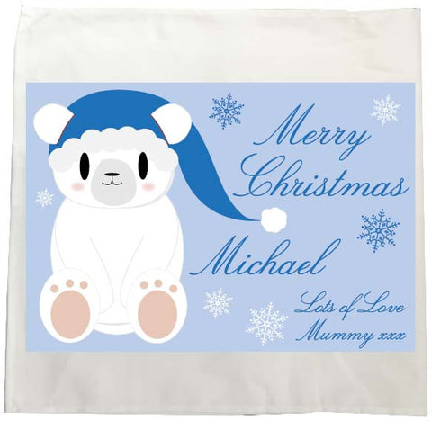 SS07 - Cute Blue Polar Bear Personalised Christmas Tea Towel