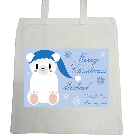 SS07 - Cute Blue Polar Bear Personalised Christmas Canvas Bag for Life