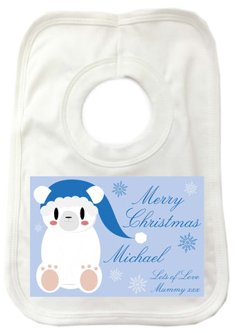 SS07 - Cute Blue Polar Bear Personalised Christmas Baby Bib