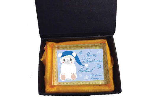 SS07 - Cute Blue Polar Bear Personalised Christmas Crystal Block with Presentation Gift Box