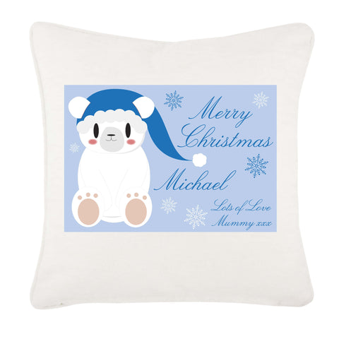 Cute Blue Polar Bear Personalised Christmas Canvas Cushion Cover