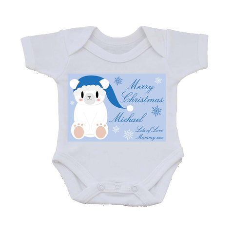 SS07 - Cute Blue Polar Bear Personalised Christmas Baby Vest