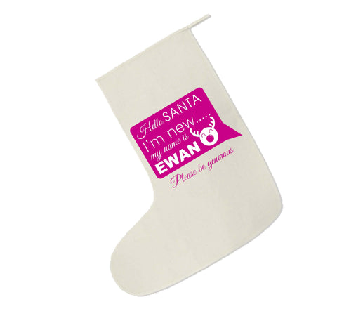 SS09 - Hello Santa I'm New Personalised Christmas Canvas Santa Stocking