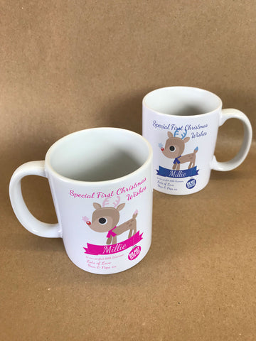 SS10 - Special First Christmas Wishes Cute Reindeer Personalised Mug & White Box for Boys & Girls