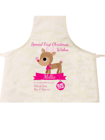 Special First Christmas Wishes Cute Reindeer Personalised Apron for Boys and Girls