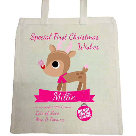 SS10 - Special First Christmas Wishes Cute Reindeer Personalised Bag for Life for Boys and Girls